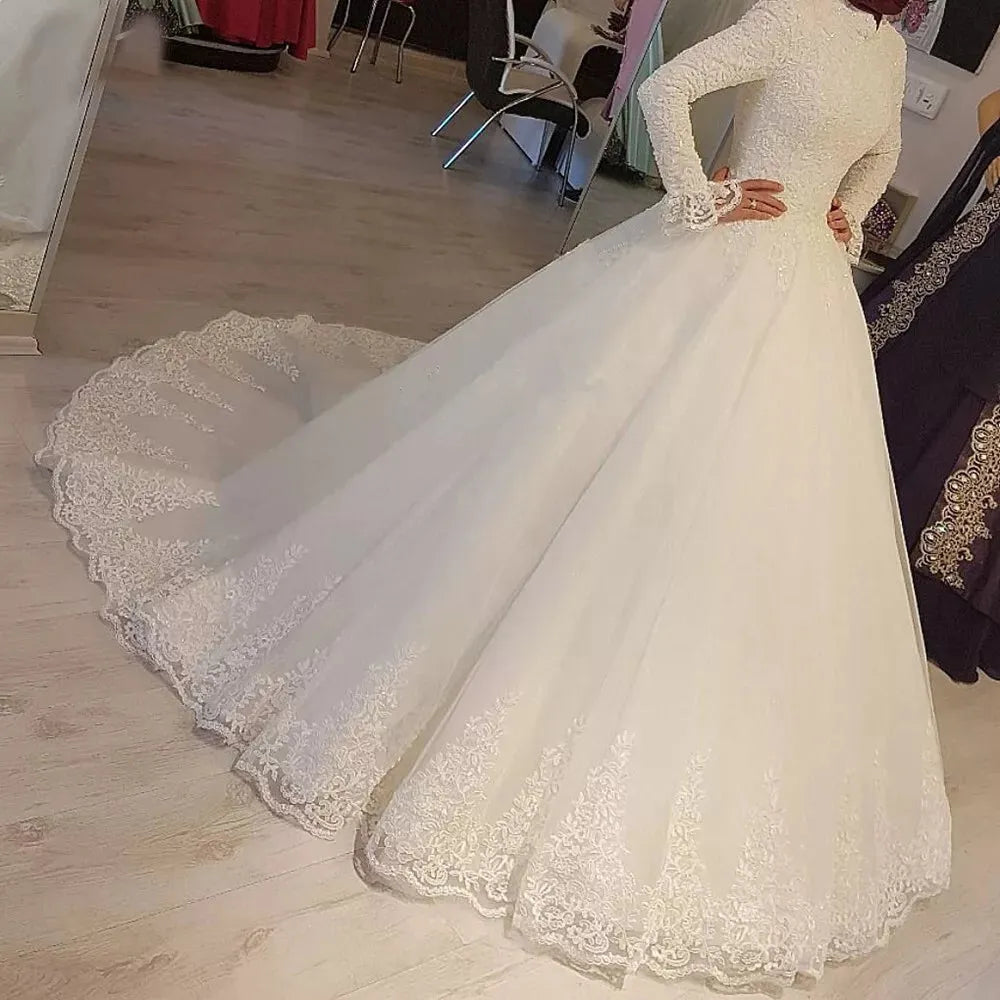 White Muslim Wedding Dresses Princess High Neck Long Sleeves Lace Appliques Bridal Dresses Robe De Mariage 14w