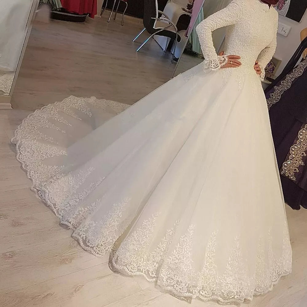 Gaun Pengantin Putih Muslim Putri Leher Tinggi Lengan Panjang Lace Appliques Gaun Pengantin Jubah DE Mariage