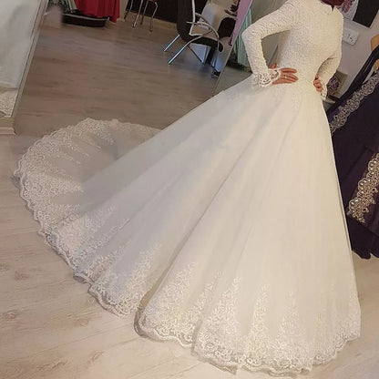 White Muslim Wedding Dresses Princess High Neck Long Sleeves Lace Appliques Bridal Dresses Robe De Mariage