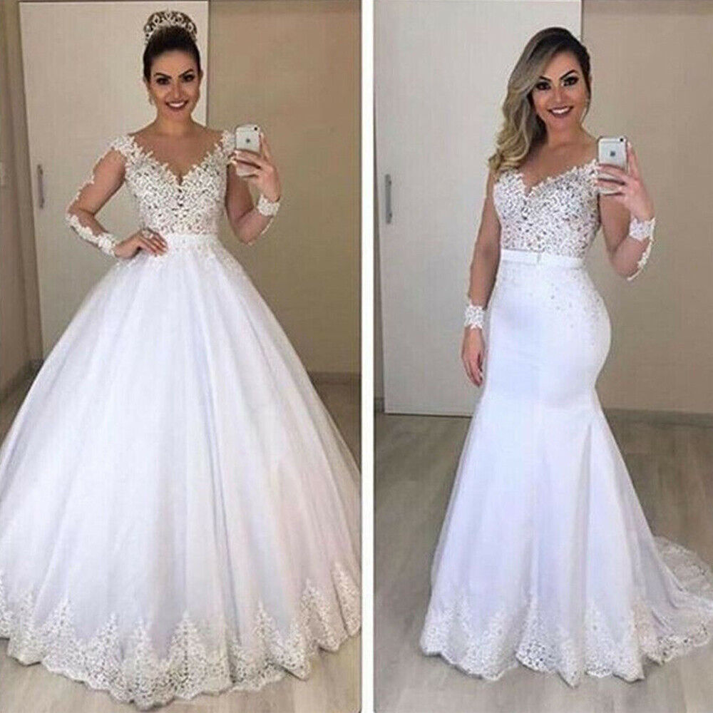 Vestidos De Novia De encaje De sirena 2 en 1, vestidos De Novia De manga larga, tren desmontable, apliques De tul hinchados, Vestido De Novia