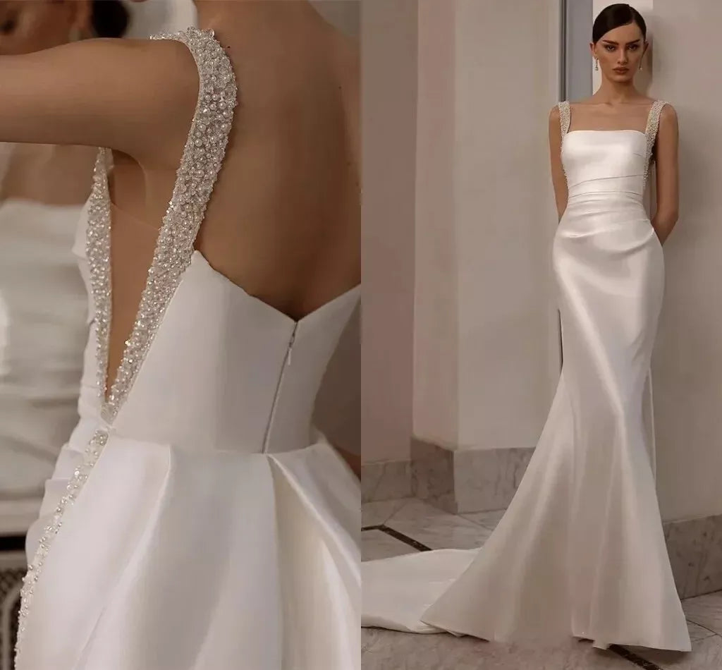Einfache Brautkleider Satin Brautkleider sexy quadratische Kragen Rückenfreie Räste für formelle Party Elegant Vestidos de Novia