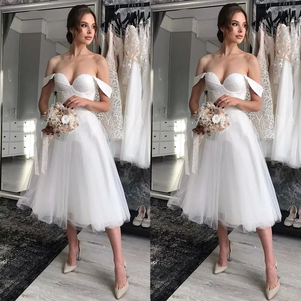 Kurzes Hochzeitskleid Schatz knielange weiße Organza -Punkt -Brautkleid Robe de Mariee Einfacher Strand ziviler Satin