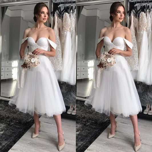 Kurzes Hochzeitskleid Schatz knielange weiße Organza -Punkt -Brautkleid Robe de Mariee Einfacher Strand ziviler Satin