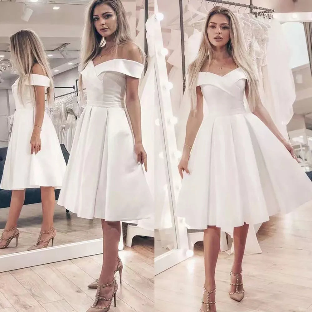 Abito da sposa corto estate fuori spalla semplice lunghezza del ginocchio in raso nuovo arrivo abiti da sposa da sposa