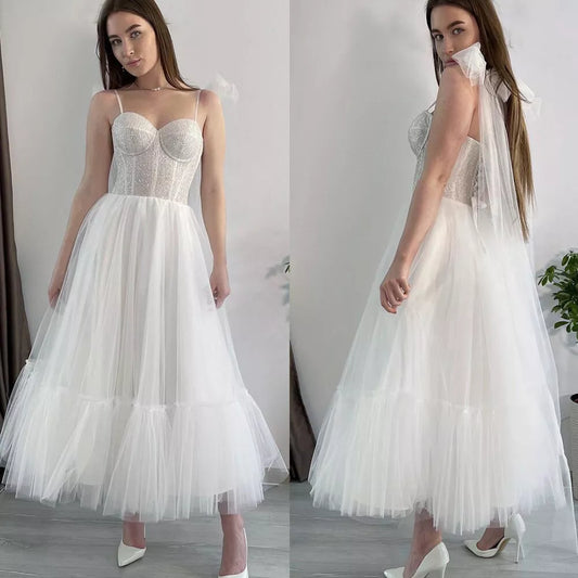 Vestidos cortos brillantes para fiesta de boda, vestidos de novia de tul fruncidos con tirantes finos y escote en forma de corazón, vestido de noche para mujer