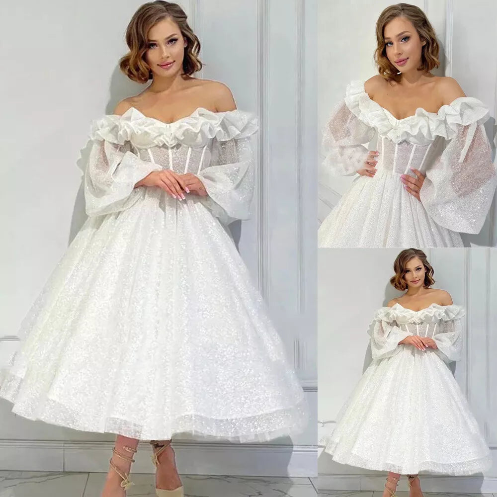 Gliter A Line Midi vestidos de novia con hombros descubiertos, volantes, mangas largas abombadas, vestidos de fiesta para mujer, vestidos de baile de graduación