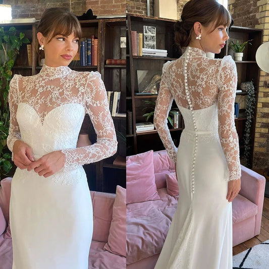 Gaun Perkahwinan Mermaid Tinggi Tinggi Tinggi Elegant Lengan Panjang Lace Ilusi Button Gaun Pengantin Lantai Lantai Vestidos de Novia Challoner