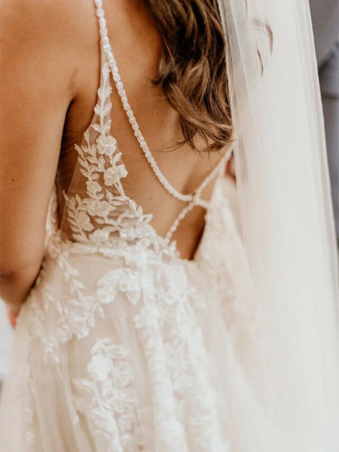 Abito da sposa boho una linea in pizzo spaghetti cinghia abito da sposa lato diviso abito da sposa a lungo spiaggia per donne