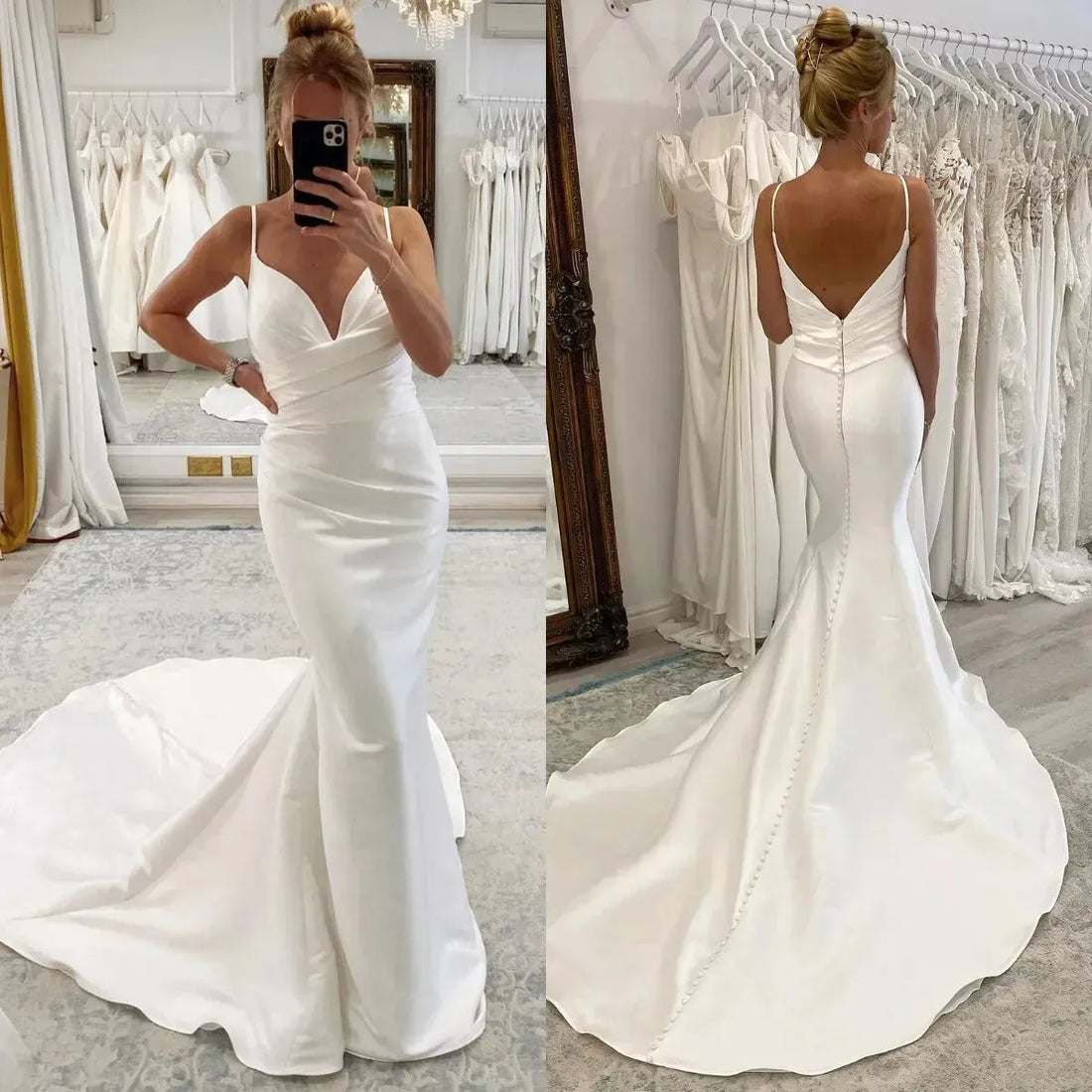 Simple V-Neck Sleeveless Satin Pleats White Mermaid Wedding Dress Open Back Court Train Bridal Gown Custom Made Ivory 20w