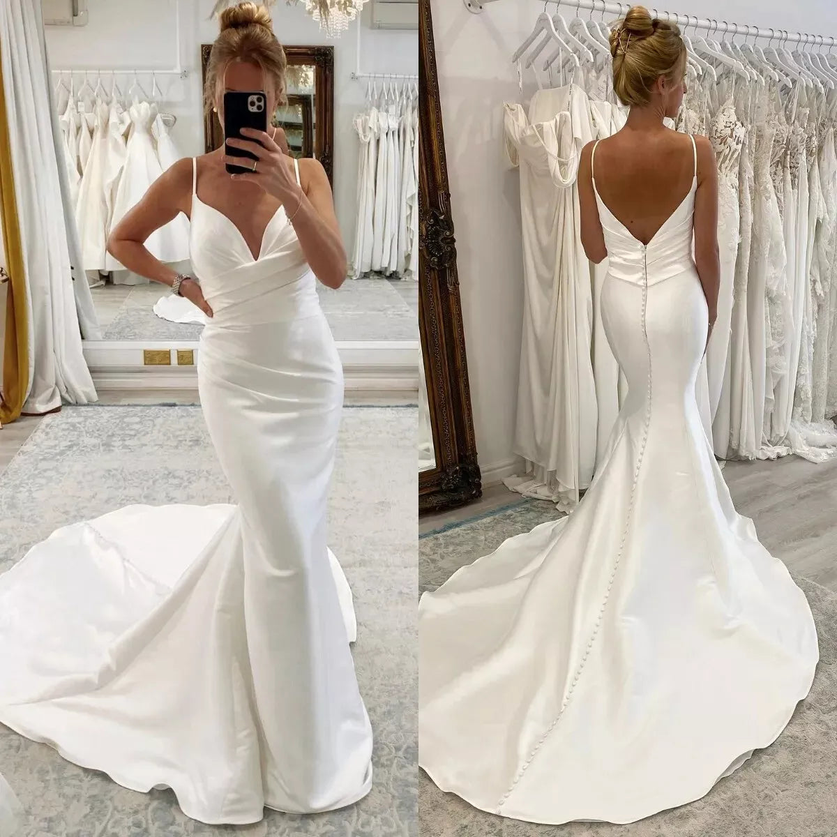 Sederhana V-Neck Lengan Satin Lipatan Gaun Pengantin Putri Duyung Putih Terbuka Back Court Court Train Bridal Gown Custom Dibuat