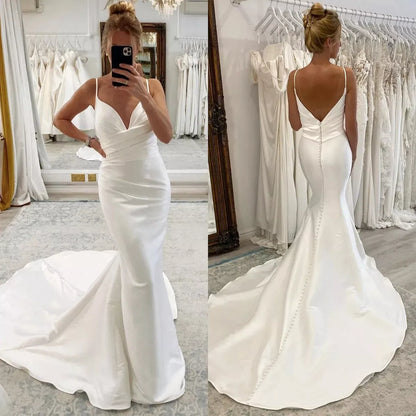 Simple V-Neck Sleeveless Satin Pleats White Mermaid Wedding Dress Open Back Court Train Bridal Gown Custom Made