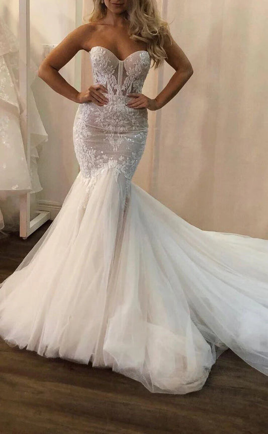 Gaun Perkahwinan Renda Mermaid Strapless Boho Fish Bridal Gowns Buka Gaun Parti Puteri dengan Skirt Tulle Puffy