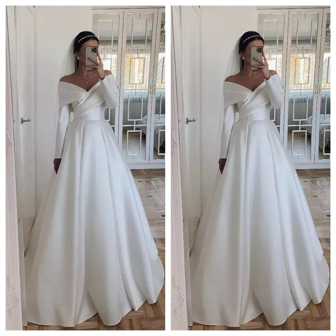 Satin Wedding Dresses With Long Sleeves Dubai Elegant Bride Dress A-Line White/Ivory Bridal Gowns vestidos de novia 26w Satin