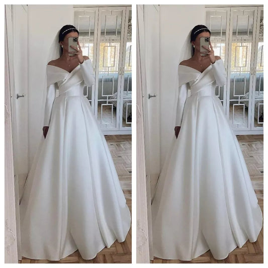 Gaun Pengantin Satin Dengan Lengan Panjang Dubai Dubai Gaun Pengantin Elegan A-Line White/Ivory Bridal Gowns Vestidos de Novia