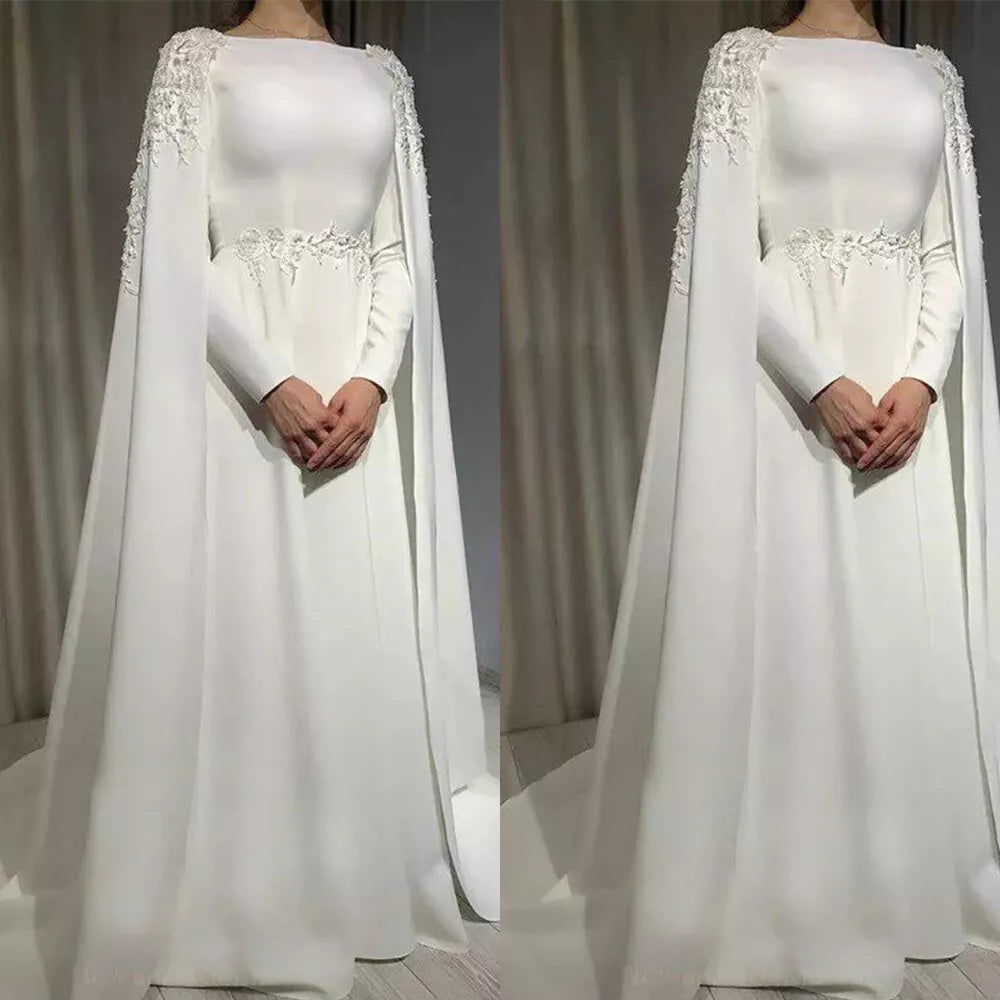 Robes De mariée musulmanes arabes pour femmes Cape manches longues une ligne col haut robes De mariée en dentelle Appliques balayage Train Vestido De Novia 