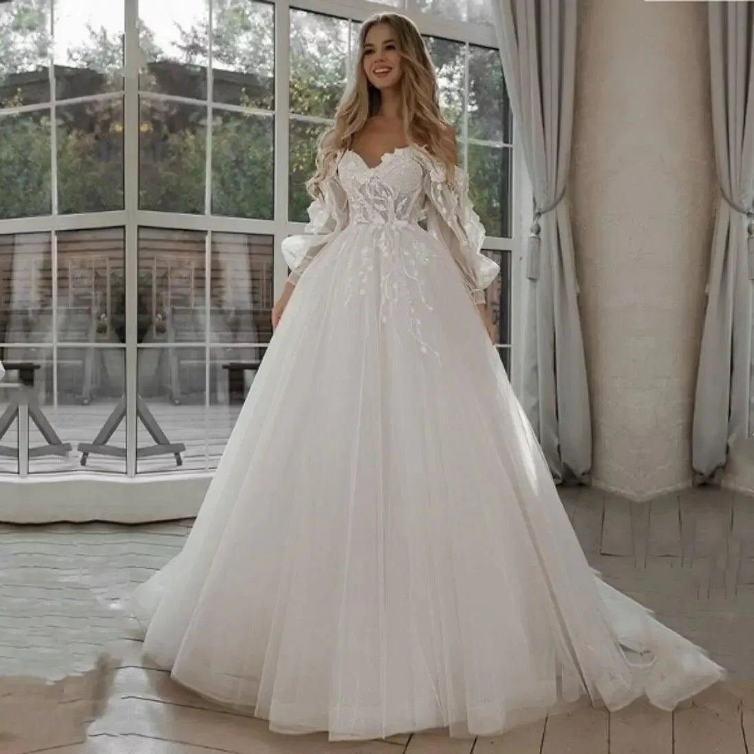 LORIE Glitter Wedding Dresses Puff Sleeve Appliques Lace 3D Flowers off Shoulder Tulle Boho Bride Gown vestidos de novia