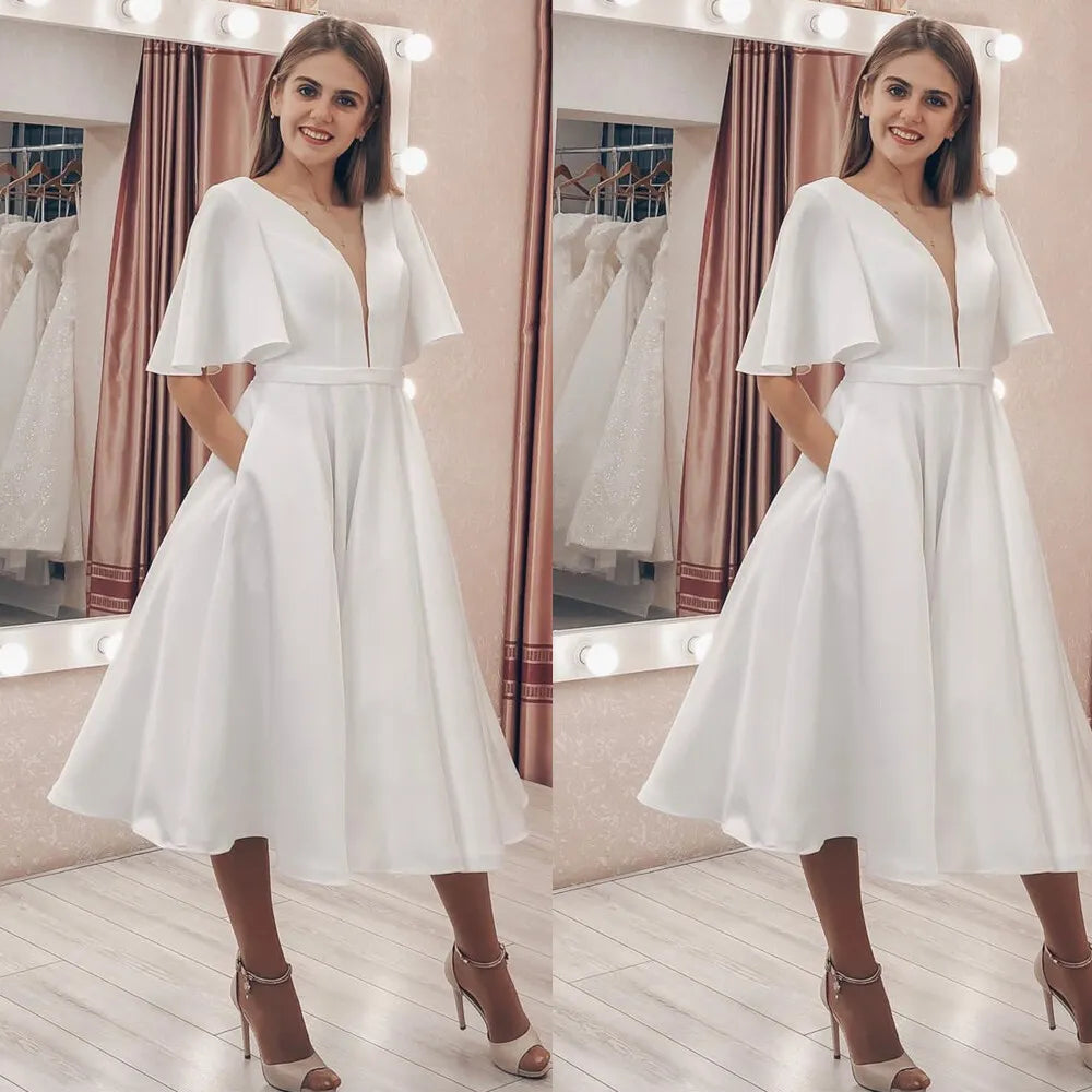 Short Wedding Dress Simple Chiffon V-Neck With Pocket Flare Sleeve Knee Length Bridal Gown Robe De Mariee Elegant New