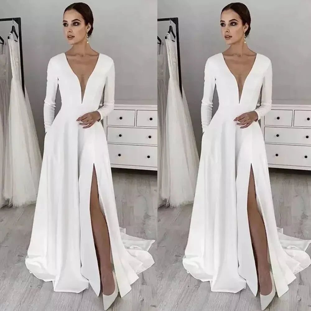 White Stretch Satin Wedding Dress платье Wedding Party Dress Long Sleeves Robe De Soiree свадебные платья 14w