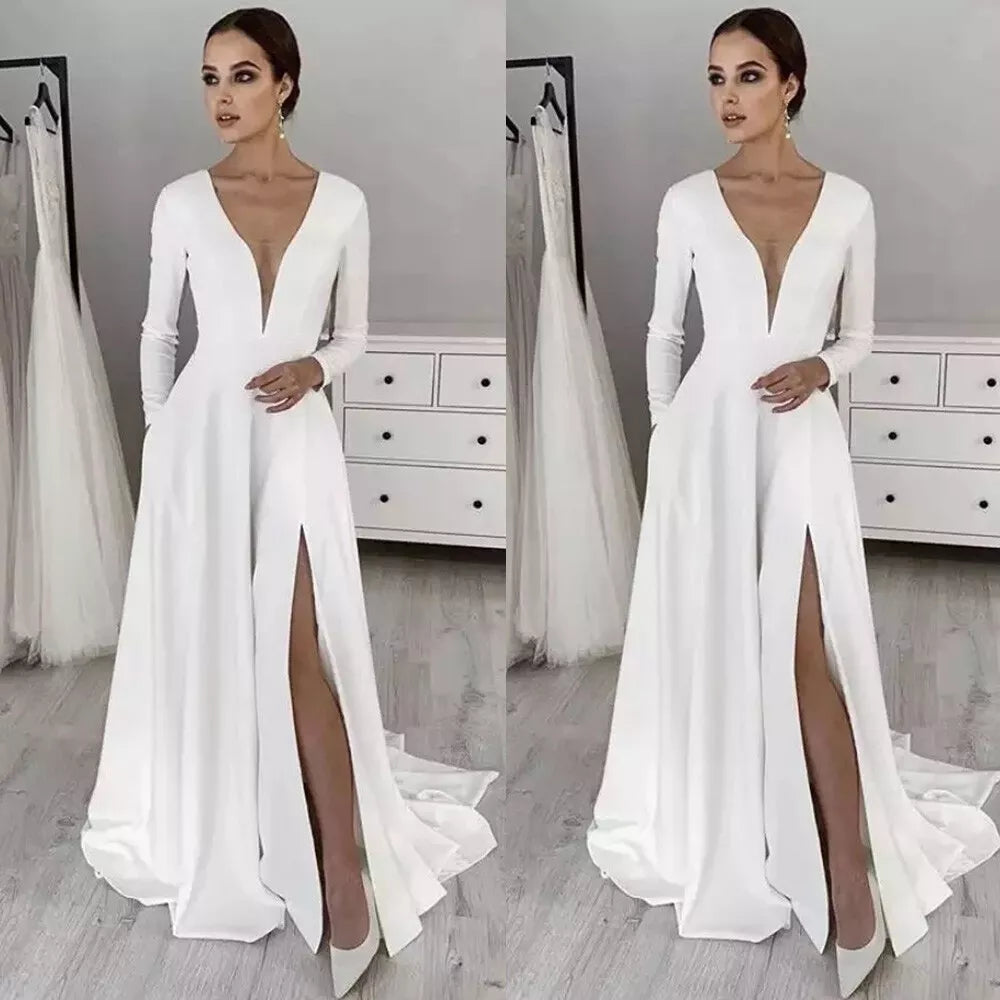 Gaun Pernikahan Satin Peregangan Putih платье Gaun Pesta Pernikahan Lengan Panjang Robe de Soiree свадебныental