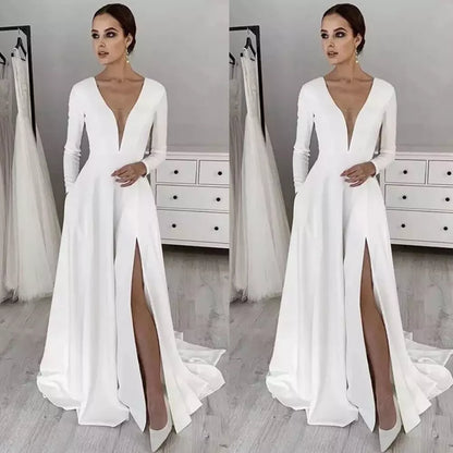 White Stretch Satin Wedding Dress платье Wedding Party Dress Long Sleeves Robe De Soiree свадебные платья