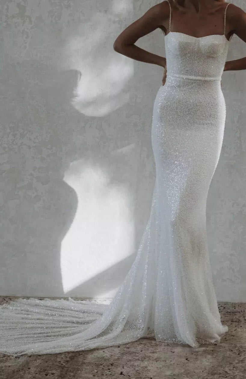 Simple Sequin Lace Mermaid Wedding Dresses Sweetheart Spaghetti Straps Fit and Flare Bridal Gowns Trumpet Bride Dresses