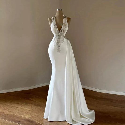 Robe De mariée sirène en Satin, col en v, exquise, avec des Appliques brillantes, sans manches, plis, fermeture éclair, robe De mariée