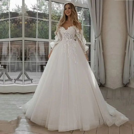 Mimpi di luar bahu renda glitter tulle gaun pengantin panjang lengan puff 3d bunga boho gaun pengantin vestidos de novia