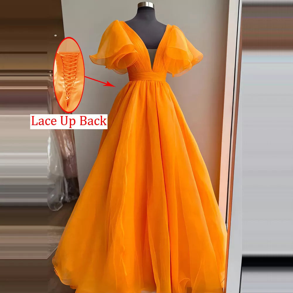 Organza Orange Prom Dress Long A Line Pleat Cap Short Puffy Sleeves V Neck Evening Party Gown Long Women Custom made