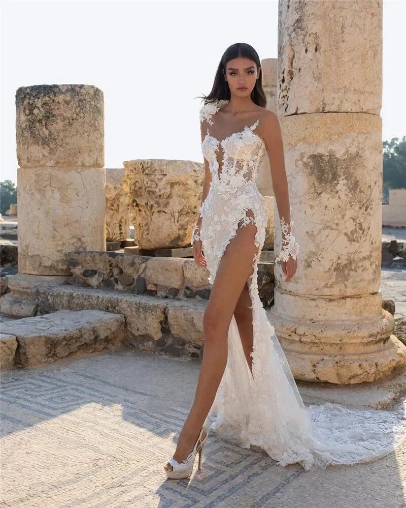 Vestido de novia de sirena de encaje moderno, vestidos de novia sexys con abertura lateral y espalda descubierta, vestidos de novia con apliques hasta el suelo