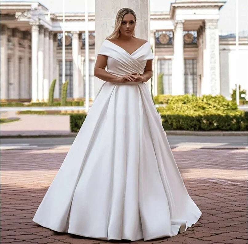 LAYOUT NICEB Plus Size V Neck Off Shoulder Wedding Dress Satin Bridal Gowns Bride Party Simple Vestido De Novia Customized Tie 28w