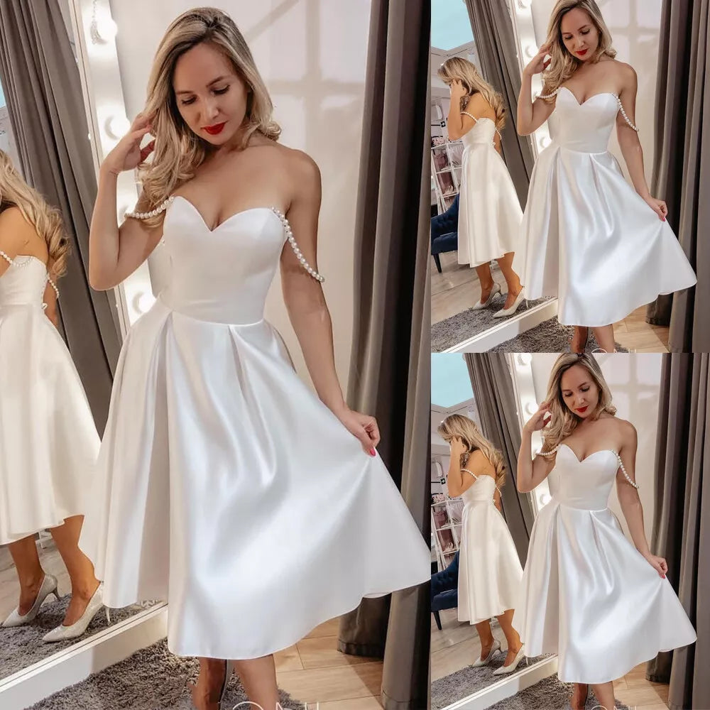 Short Wedding Dress Sweetheart Satin Knee Length Off Shoulder Simple Shiny Bridal Gown For Women Brides Elegant Robe De Mar