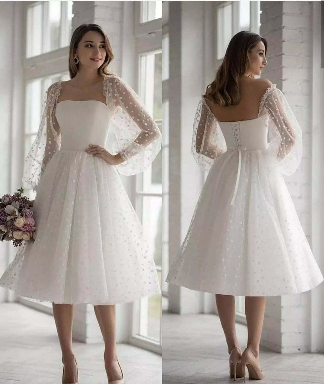 Vestidos de novia cortos de tul con lunares blancos, mangas largas abombadas, vestidos de novia con cordones, sin tirantes, hasta la rodilla, corte en A