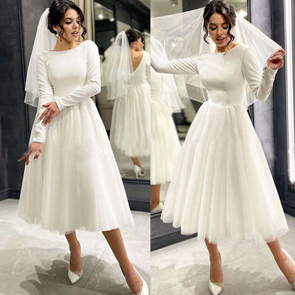 Gaya minimalis terbuka belakang leher tinggi a-line wedding gaun tulle teh panjang gaun pengantin gaun butang lengan baju vestidos