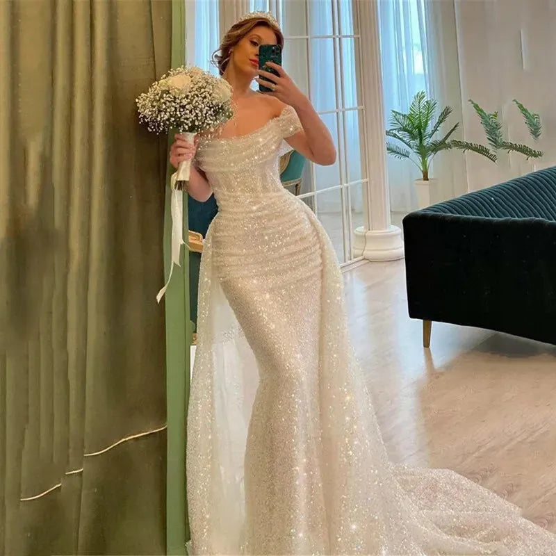 Luxury Glitter Prom Dresses Mermaid Wedding Dress Elegant Off Shoulder Long Train Detachable Train vestidos de fiesta as pic