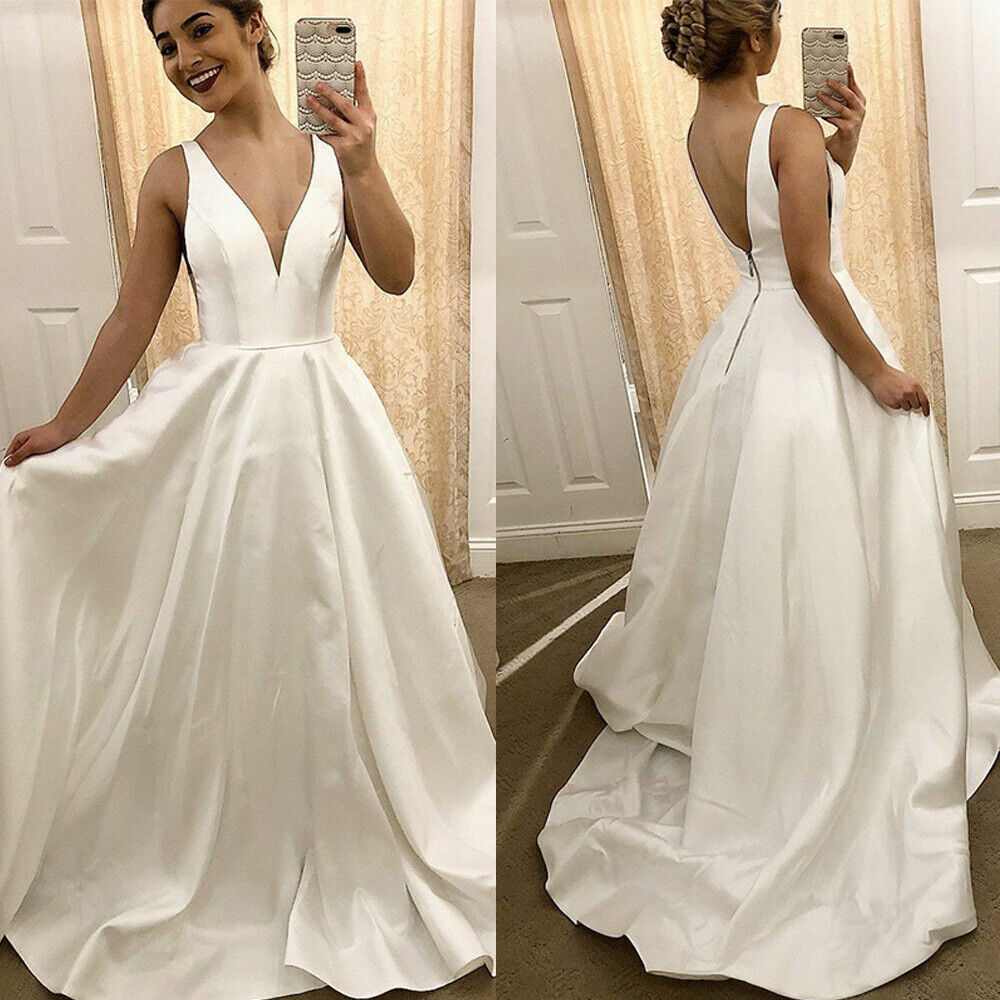 Vestido de novia de talla grande satinado elegante una línea hasta el suelo vestidos de novia sin espalda