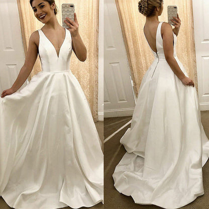 Plus Size Wedding Dress Satin Elegant A Line Floor Length Backless Bridal Gown Dresses