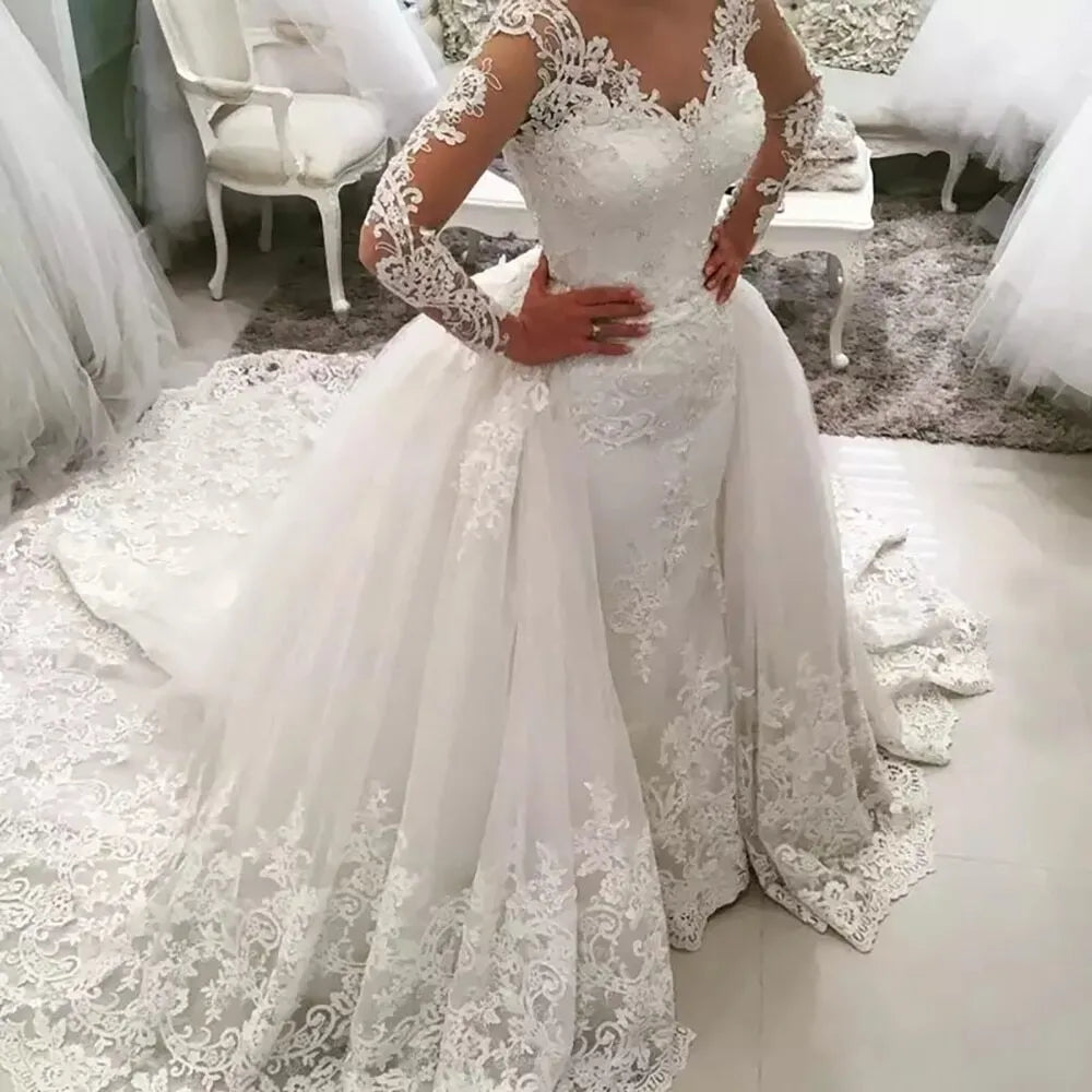 Vestido de Noiva Lace Mermaid Wedding Dress dengan skirt yang boleh dilepaskan Backless Lengan Panjang Pengantin Perkahwinan