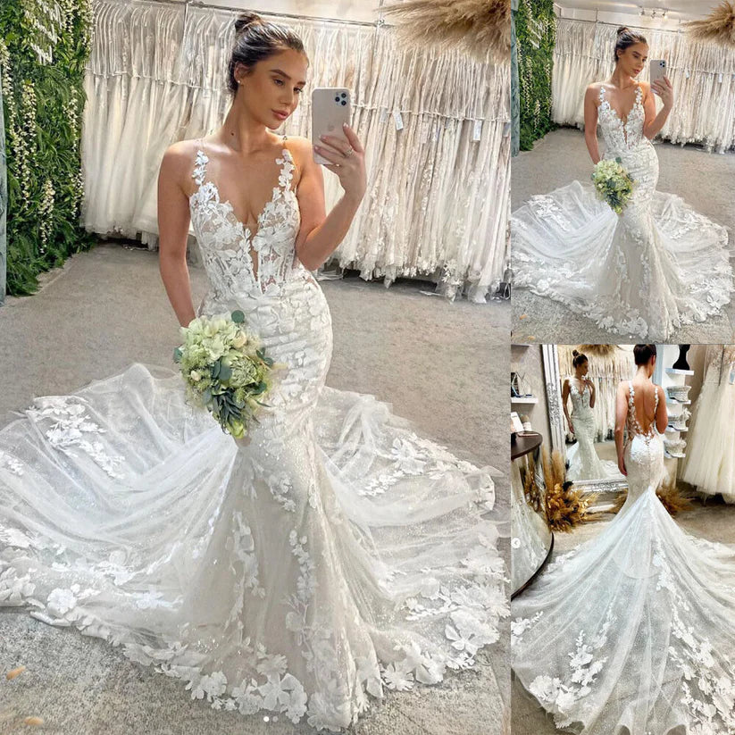 Luxury Mermaid Wedding Dresses WomenLace Open Back V-Neck Applique Spaghetti Straps Bridal Gown Train Vestidos De Novia