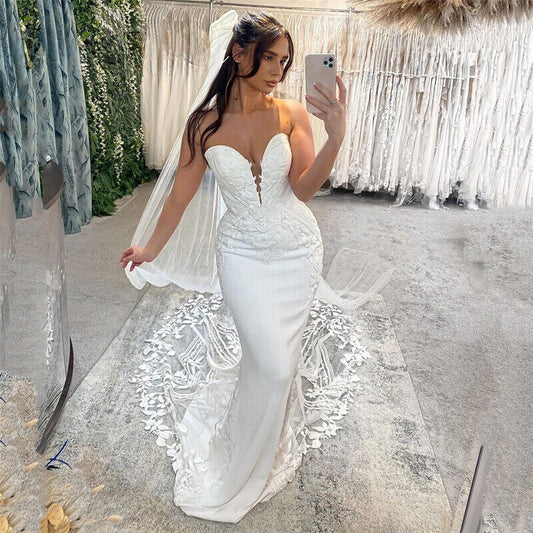 Pakaian Perkahwinan Mermaid Wanita Terbuka Renda Sweetheart Strapless Applique Bridal Gown Sweep Train Vestidos de Novia