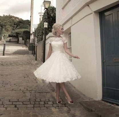 Vestidos de novia cortos de encaje, manga corta, marfil, línea A, apliques de tul, fajas, vestidos de novia con lazo, vestido de novia hasta la rodilla