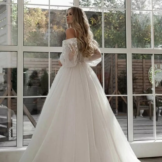 Gaun pengantin lorie glitter puff lengan lengan appliques renda 3d bunga dari bahu tulle boho pengantin gaun vestidos de novia