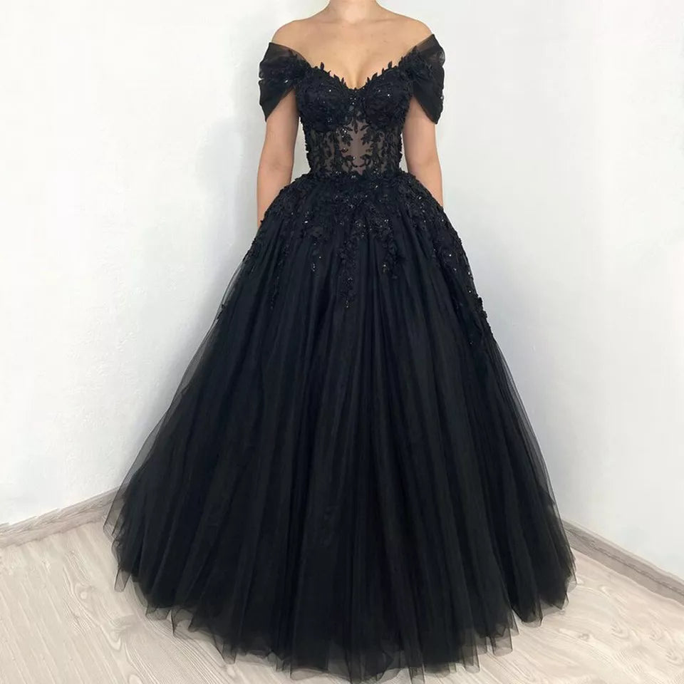 Black Ball Gown Tulle Prom Dress Elegant Lace Embroidery فساتين السهرة Sexy V-neck Off Shoulder Evening Dress