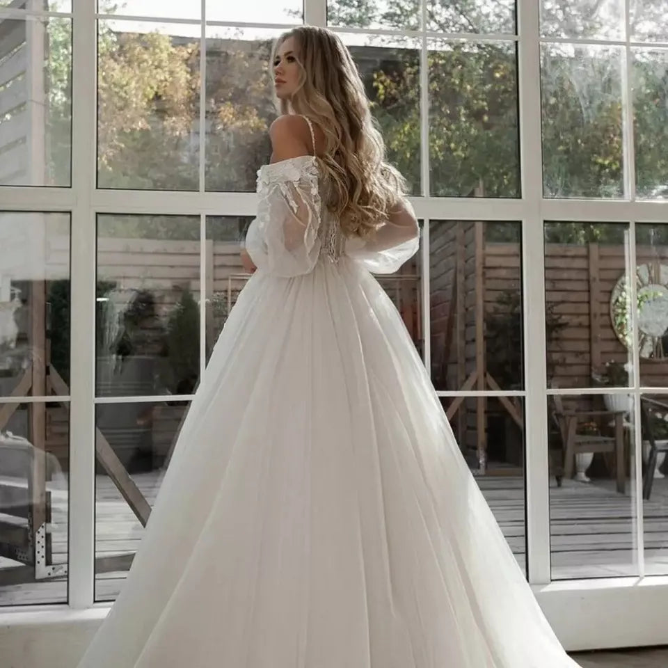 Mimpi di luar bahu renda glitter tulle gaun pengantin panjang lengan puff 3d bunga boho gaun pengantin vestidos de novia