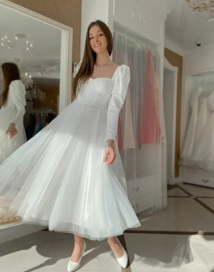 Beach Square Collar Long Sleeves Lace Wedding Dresses Custom Made Formal Brial Grown Vestido De Noival