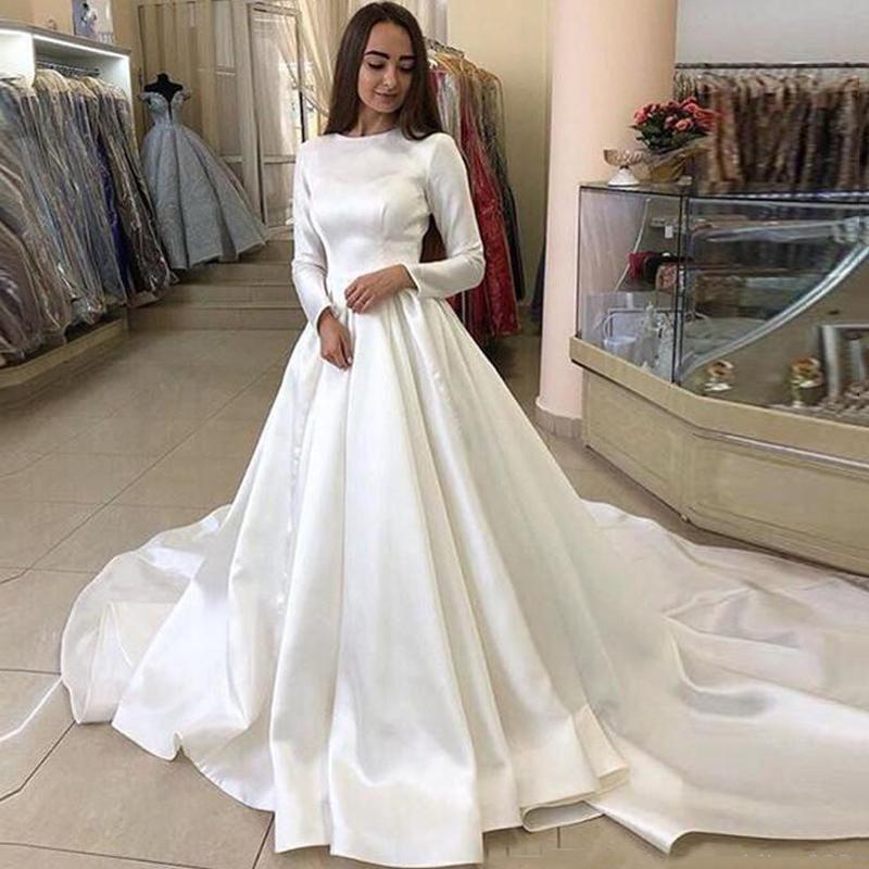 Princess Wedding Dresses Satin Long Sleeve Muslim Wedding Bride Dresses Long Train White Wedding Gown Vestido de novia