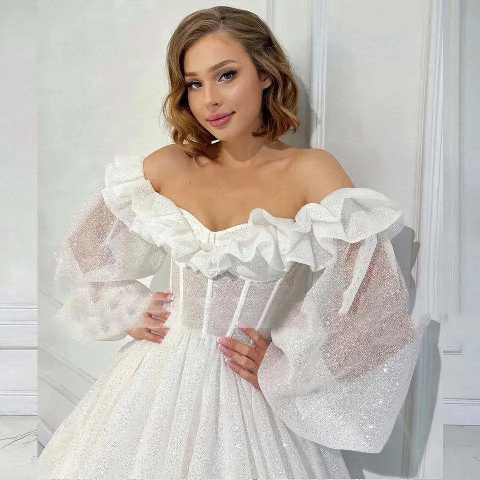 Gliter A Line Midi Wedding Dresses Off Shoulder Ruffles Long Puff Sleeves Bridals Party Dresses for Women Prom Ball Gowns White