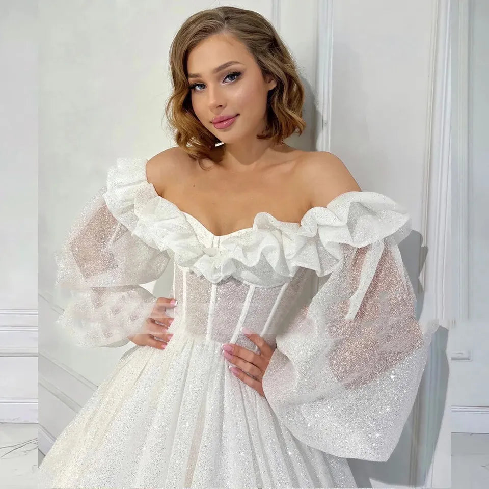 Gliter A Line Midi vestidos de novia con hombros descubiertos, volantes, mangas largas abombadas, vestidos de fiesta para mujer, vestidos de baile de graduación