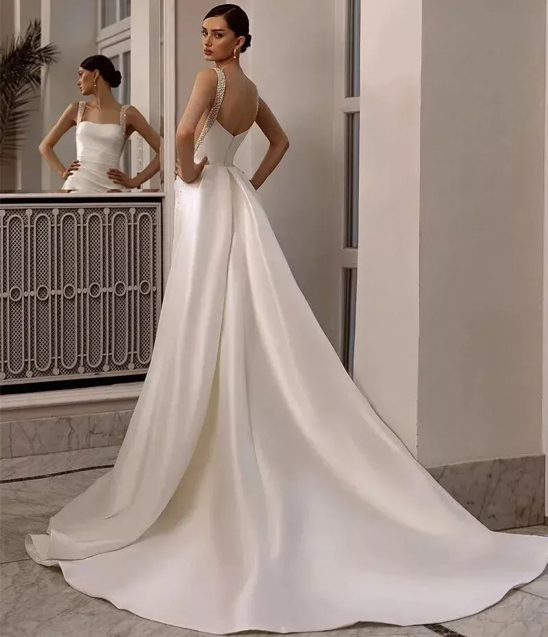 Gaun Perkahwinan Sederhana Satin Gaun Pengantin Seksi Kolar Square Backless Anggap untuk Parti Formal Elegant Vestidos de Novia