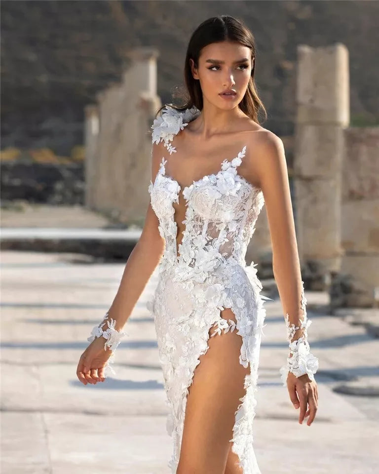 Vestido de novia de sirena de encaje moderno, vestidos de novia sexys con abertura lateral y espalda descubierta, vestidos de novia con apliques hasta el suelo