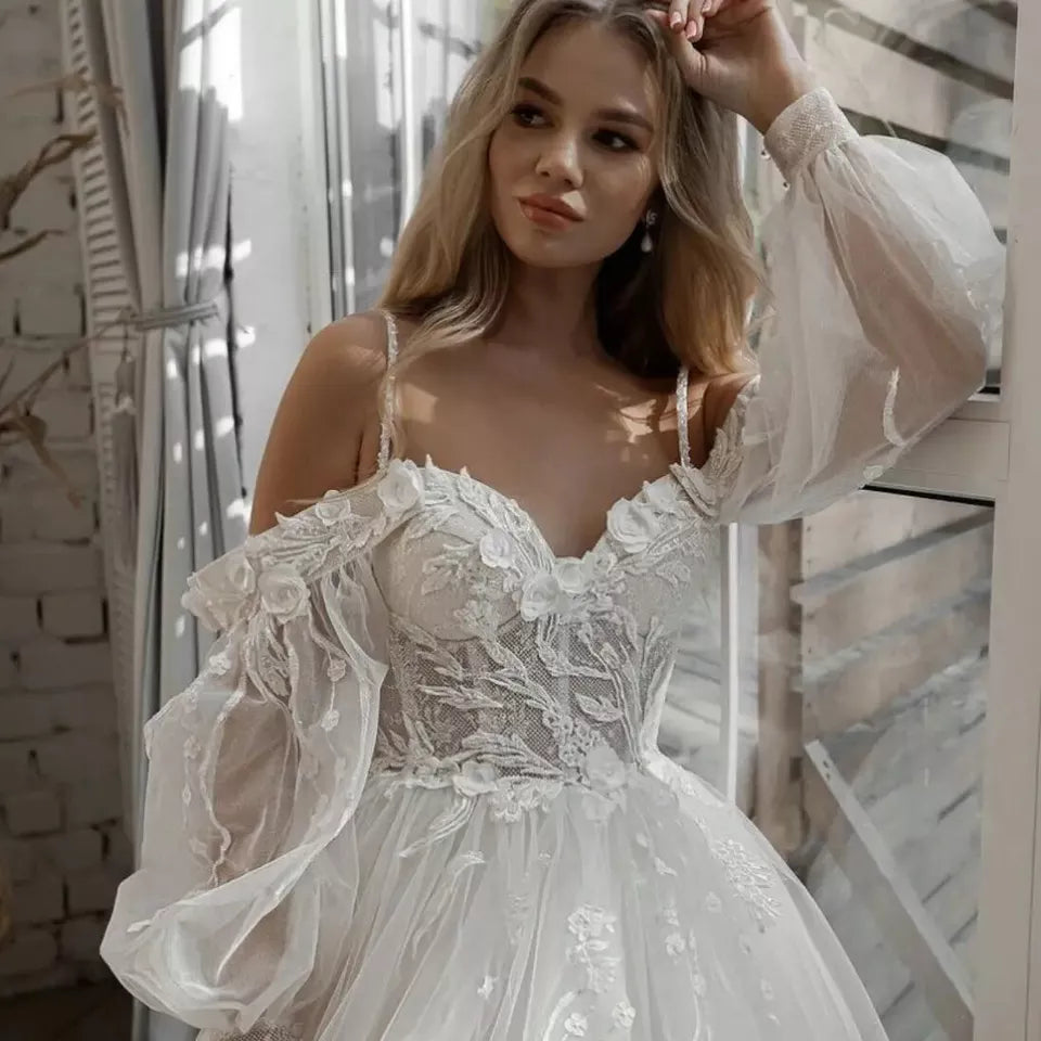 Mimpi di luar bahu renda glitter tulle gaun pengantin panjang lengan puff 3d bunga boho gaun pengantin vestidos de novia